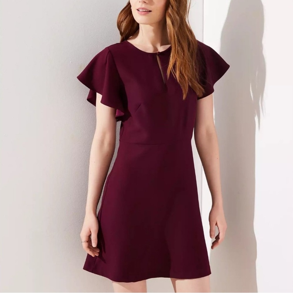 LOFT Burgundy Flutter Sleeve A-Line Dress